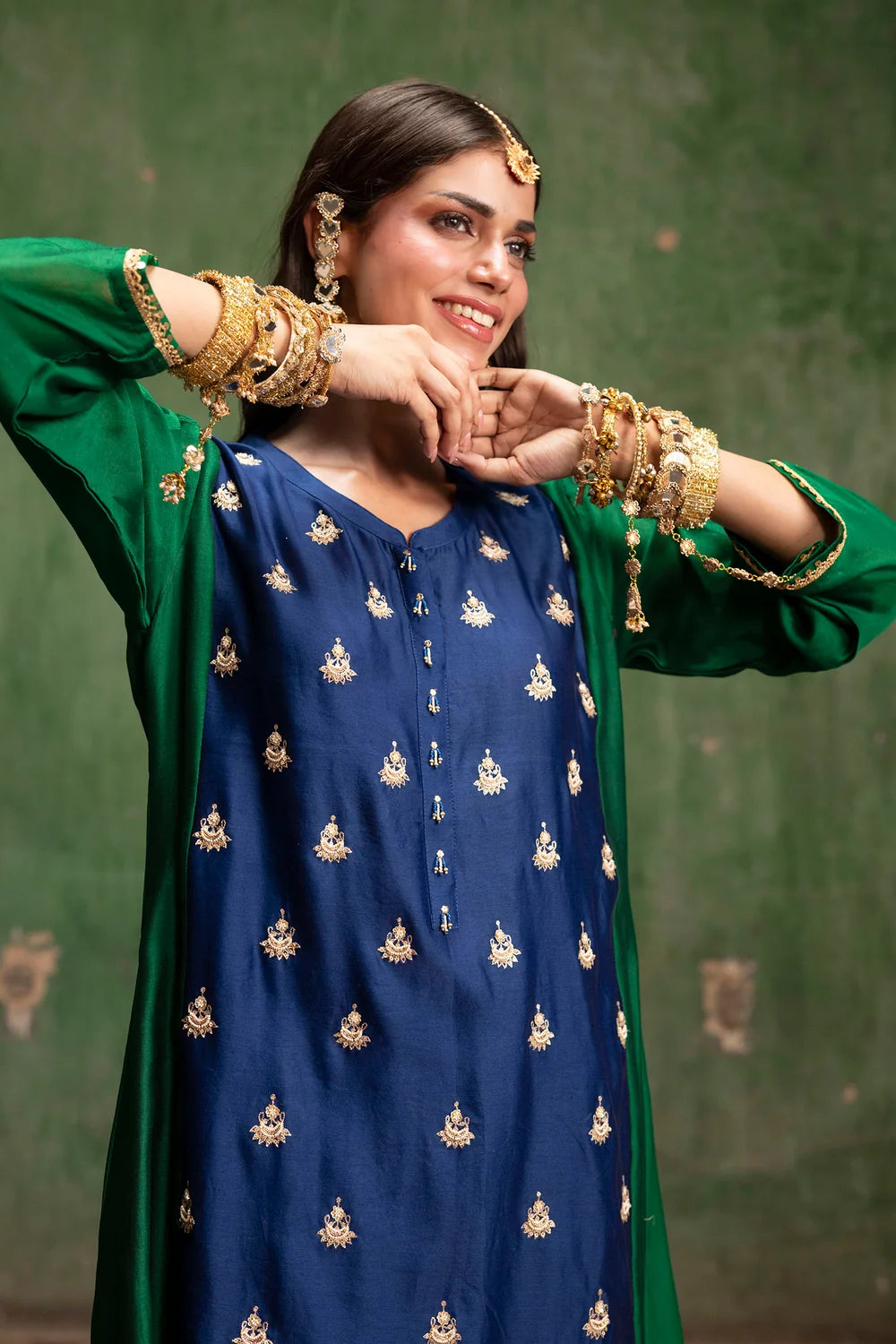 Guldaasta Silk Chanderi Aline Kurta Set in Morpankhi