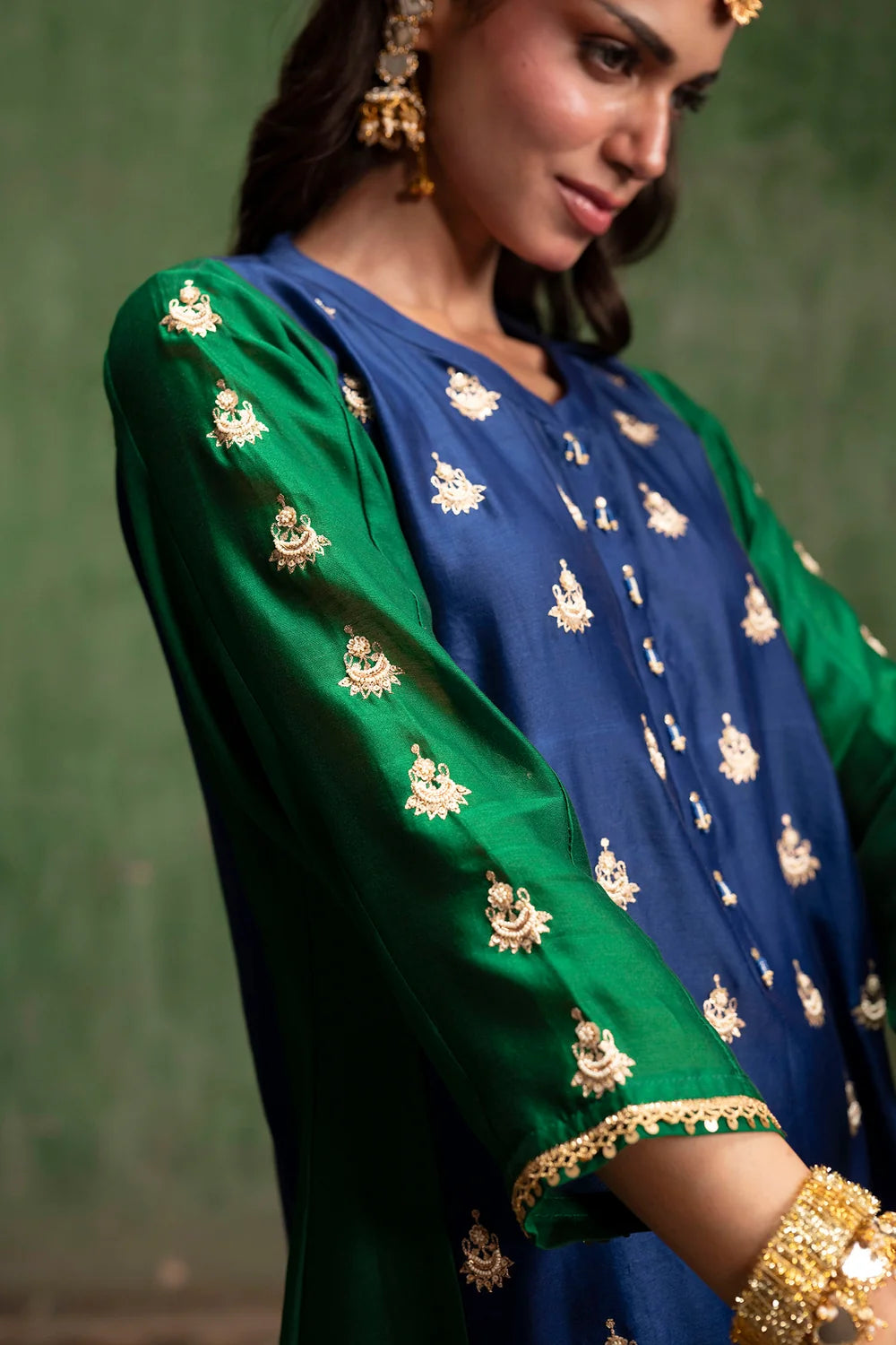 Guldaasta Silk Chanderi Aline Kurta Set in Morpankhi