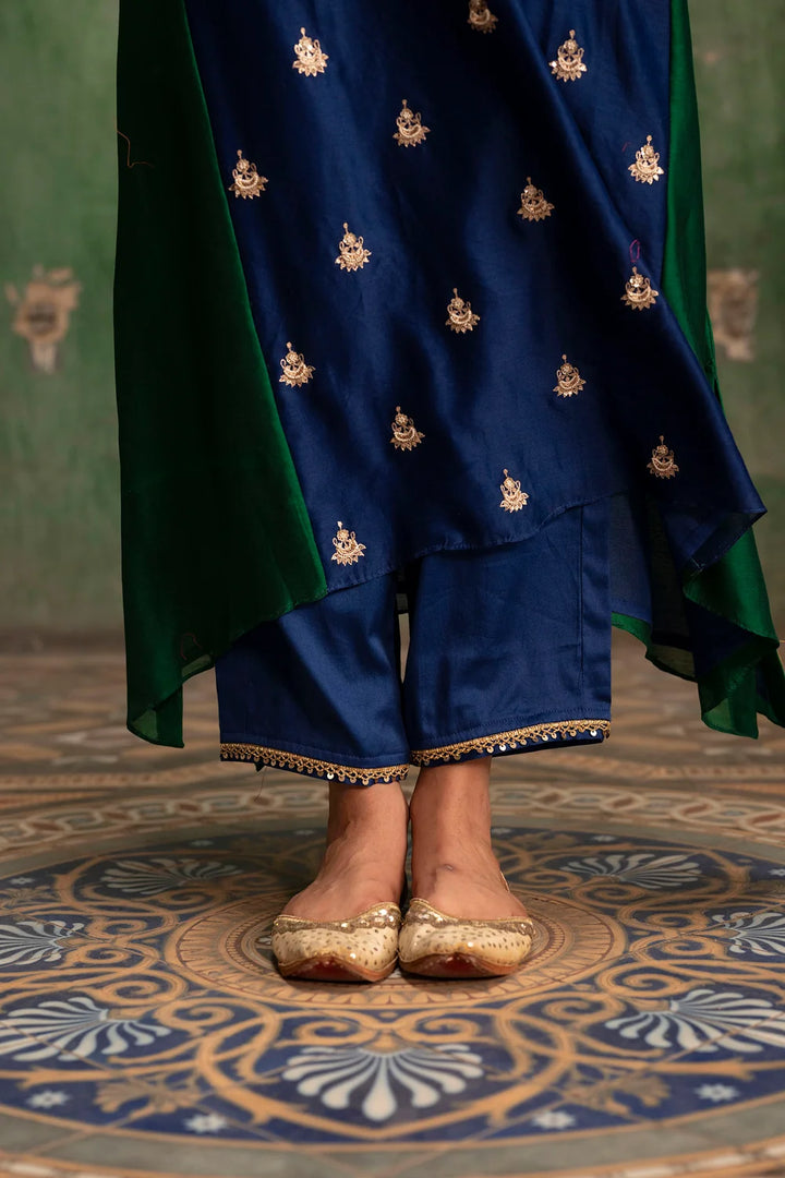 Guldaasta Silk Chanderi Aline Kurta Set in Morpankhi