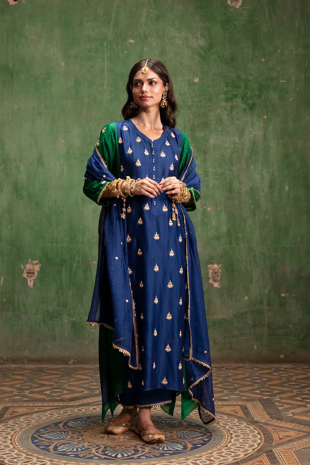 Guldaasta Silk Chanderi Aline Kurta Set in Morpankhi