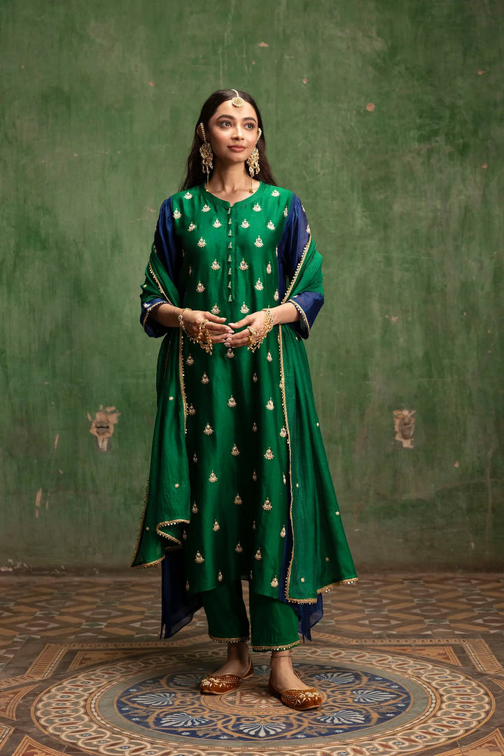 Guldaasta Silk Chanderi Aline Kurta Set in Panna