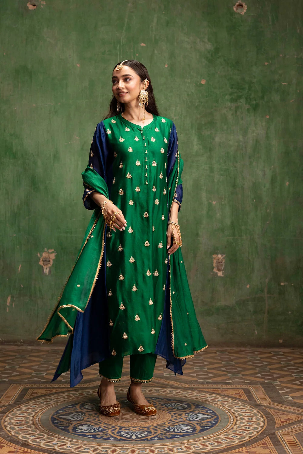 Guldaasta Silk Chanderi Aline Kurta Set in Panna