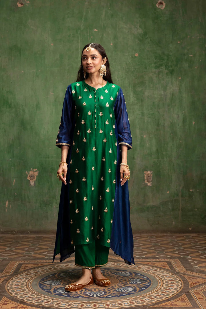 Guldaasta Silk Chanderi Aline Kurta Set in Panna