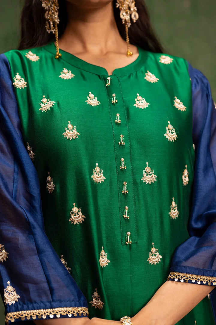 Guldaasta Silk Chanderi Aline Kurta Set in Panna