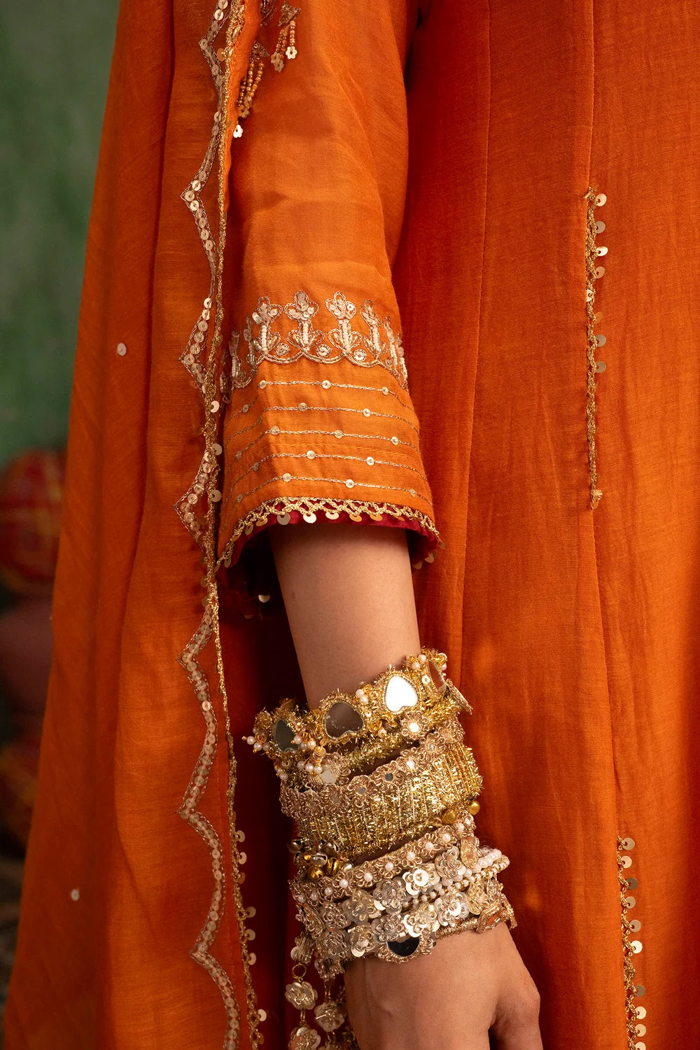 Itraati Mul Chanderi Anarkali Set in Narangi