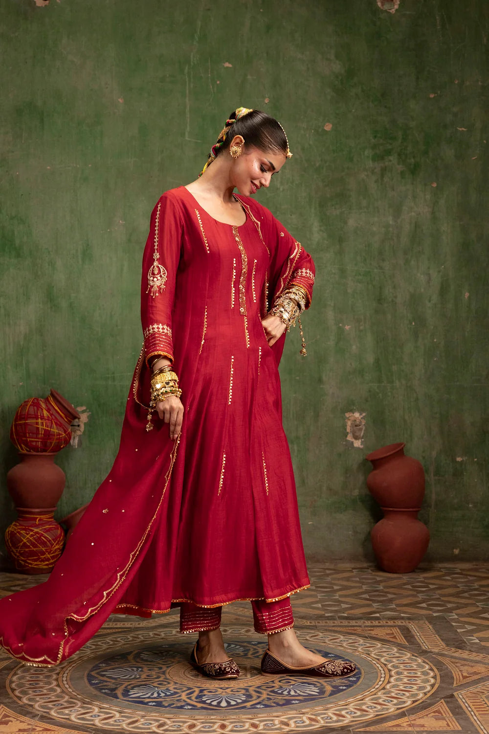 Itraati Mul Chanderi Anarkali Set in Surkh