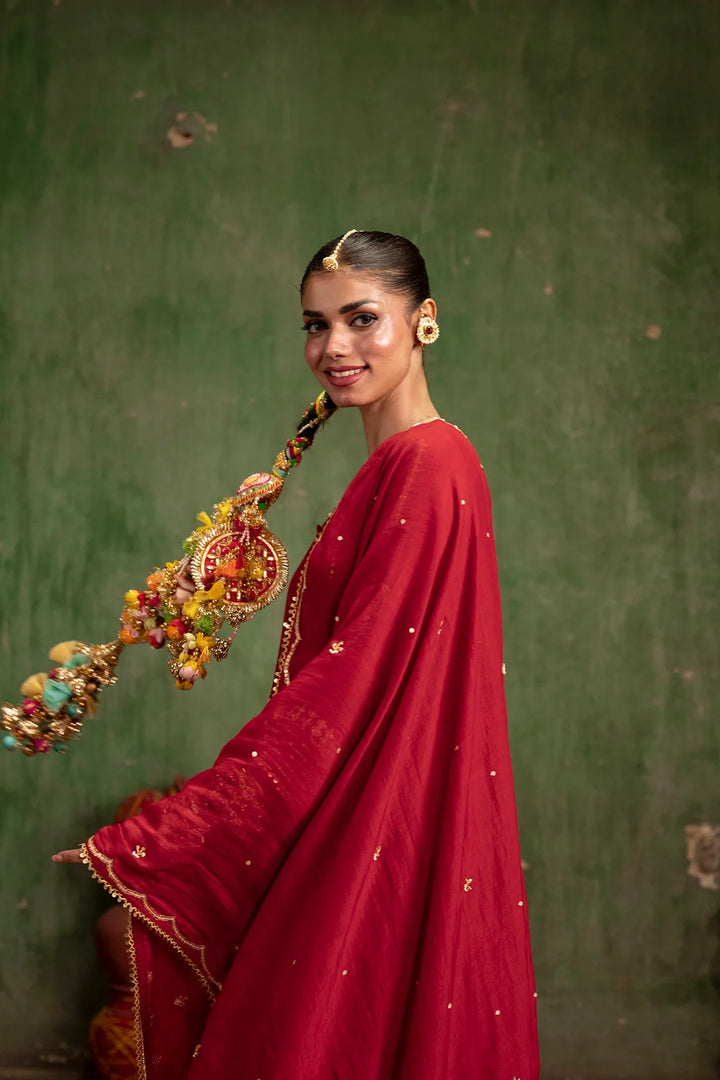 Itraati Mul Chanderi Anarkali Set in Surkh