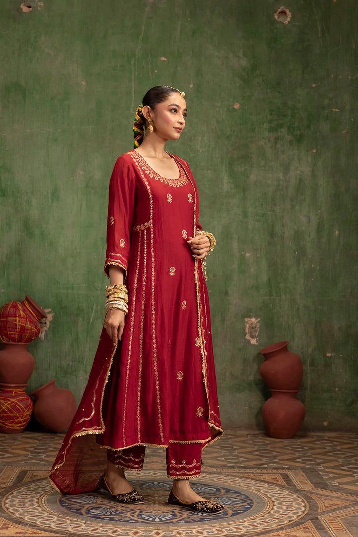 Aaliyah Silk Chanderi Aline Kurta Set in Crimson Red