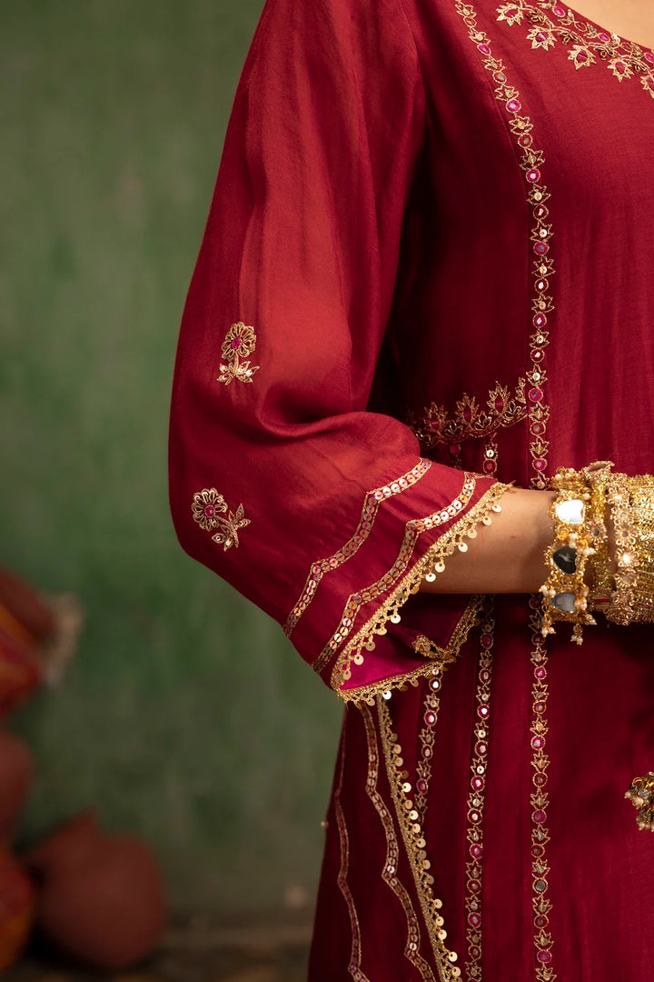 Aaliyah Silk Chanderi Aline Kurta Set in Crimson Red