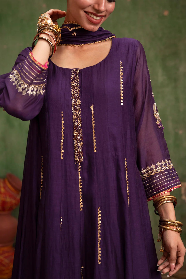 Itraati Mul Chanderi Anarkali Set in Jamuni
