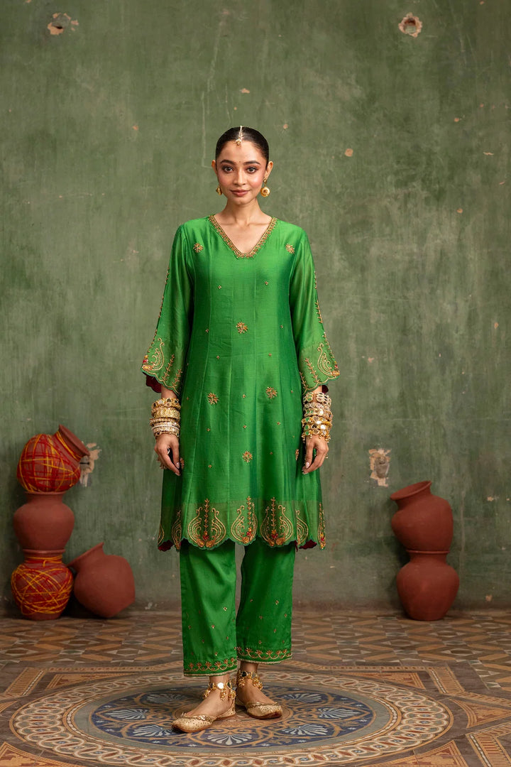 Piroi Silk Chanderi Anarkali Set in Green