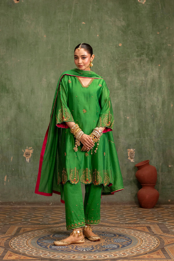Piroi Silk Chanderi Anarkali Set in Green