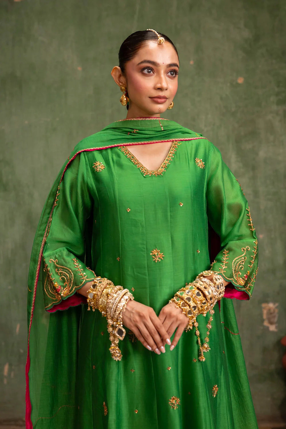 Piroi Silk Chanderi Anarkali Set in Green