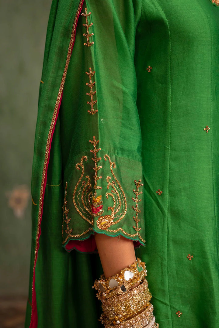 Piroi Silk Chanderi Anarkali Set in Green