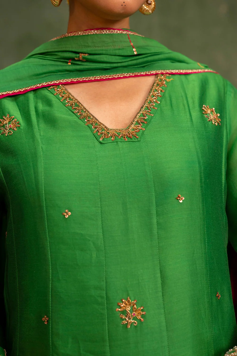 Piroi Silk Chanderi Anarkali Set in Green
