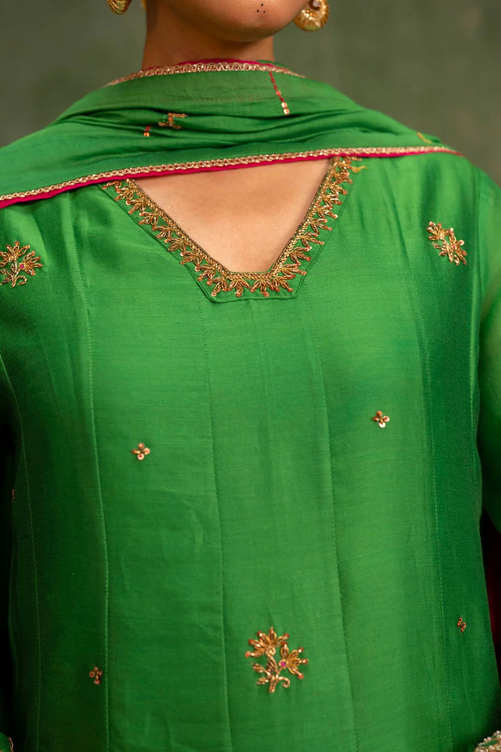 Piroi Silk Chanderi Anarkali Set in Green