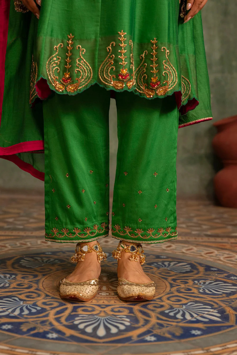 Piroi Silk Chanderi Anarkali Set in Green