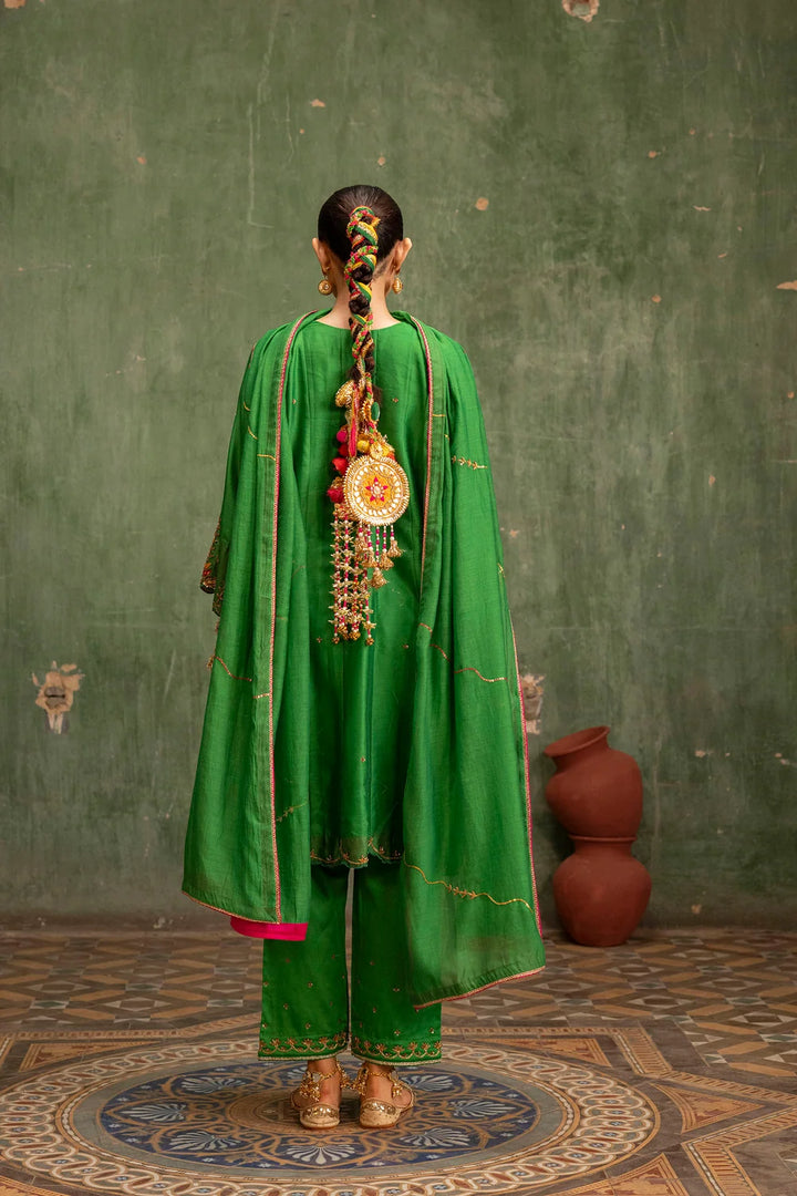 Piroi Silk Chanderi Anarkali Set in Green
