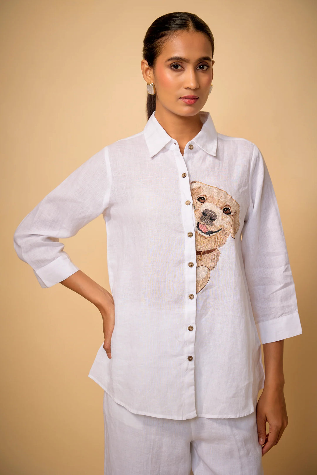 Pure Linen White Balou Embroidered Shirt