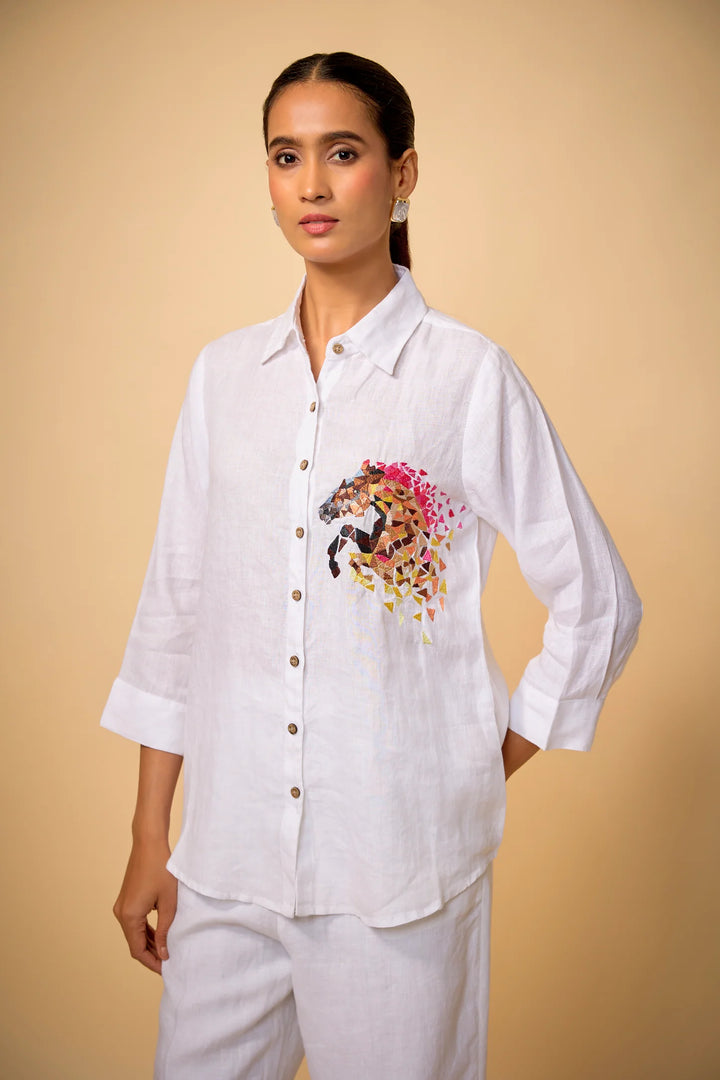 Pure Linen White Cubic Horse Embroidery Shirt