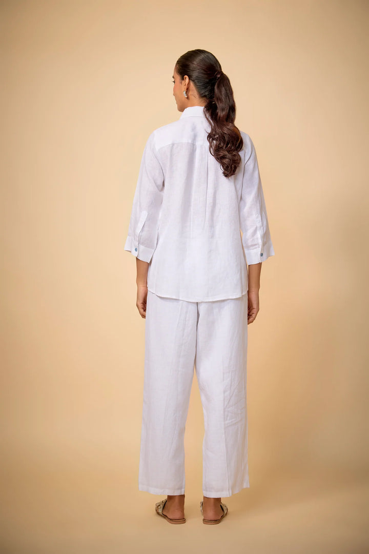 Pure Linen Shirt With Denim Dog Applique