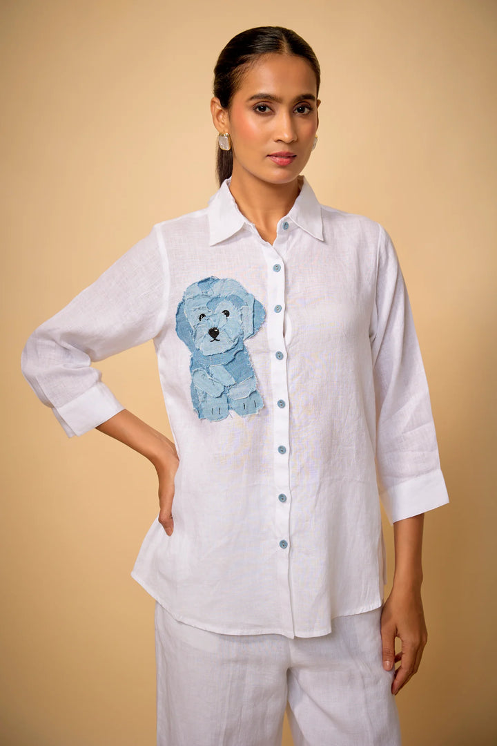Pure Linen Shirt With Denim Dog Applique