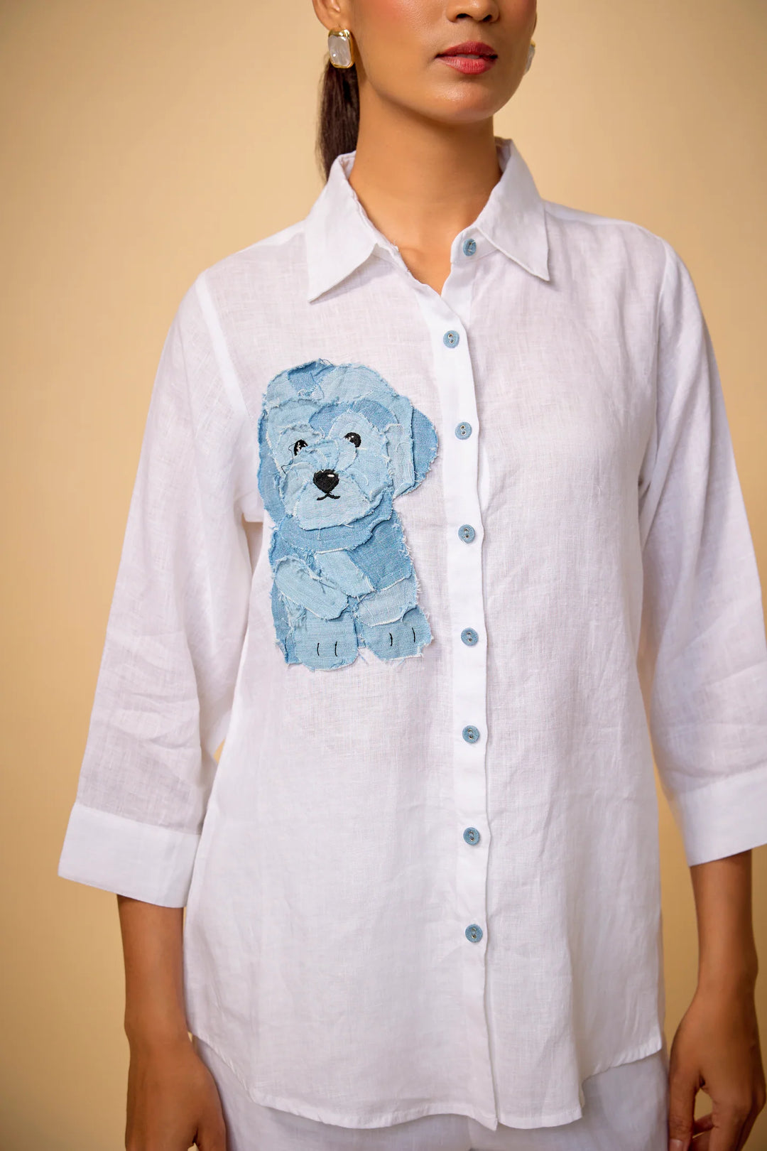 Pure Linen Shirt With Denim Dog Applique