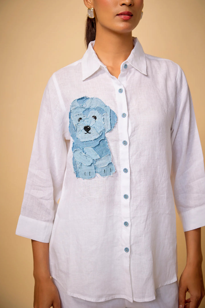 Pure Linen Shirt With Denim Dog Applique