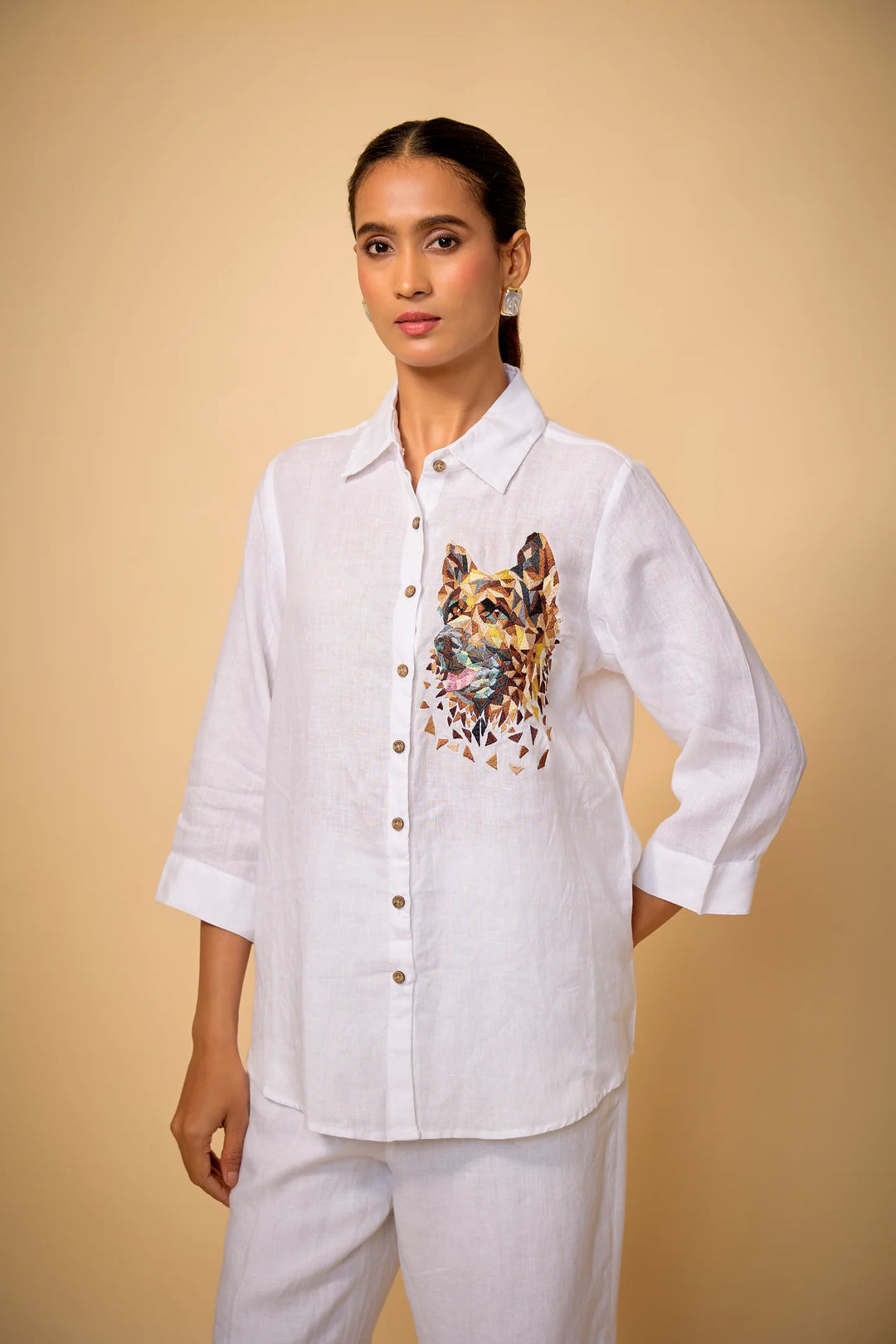 Pure Linen White captain Dog Embroidered Shirt