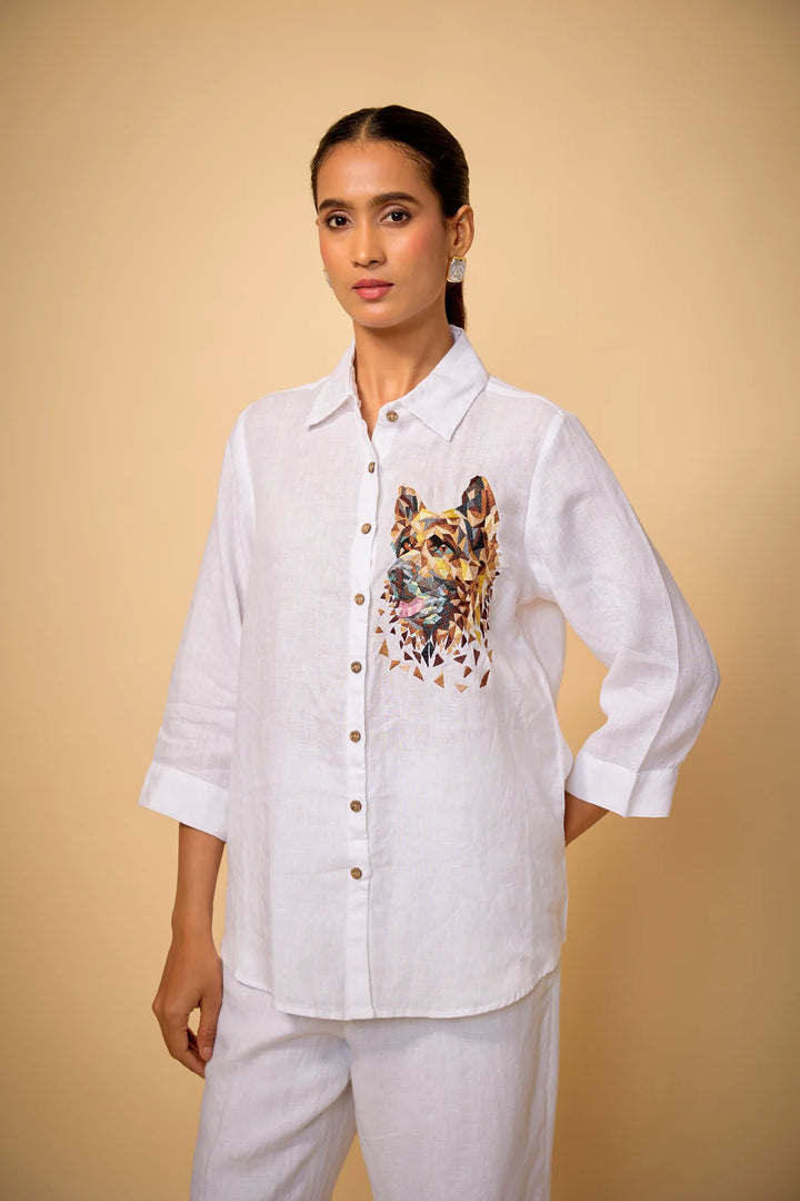 Pure Linen White captain Dog Embroidered Shirt