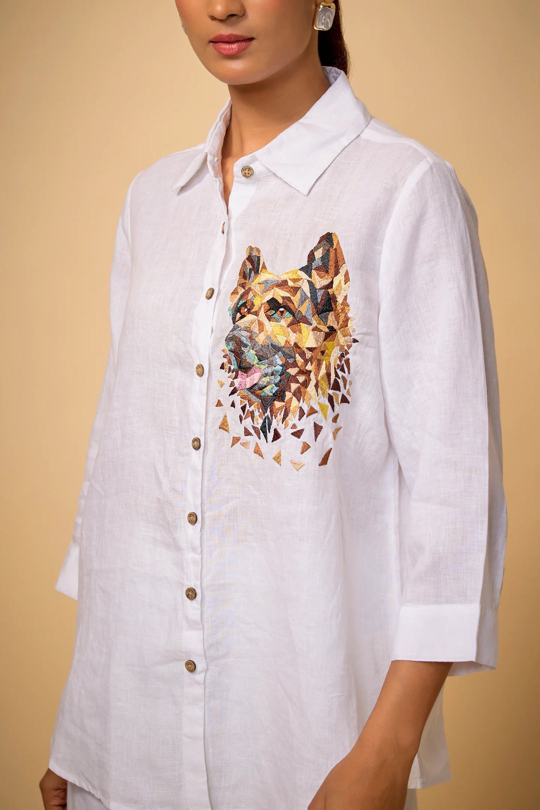 Pure Linen White captain Dog Embroidered Shirt
