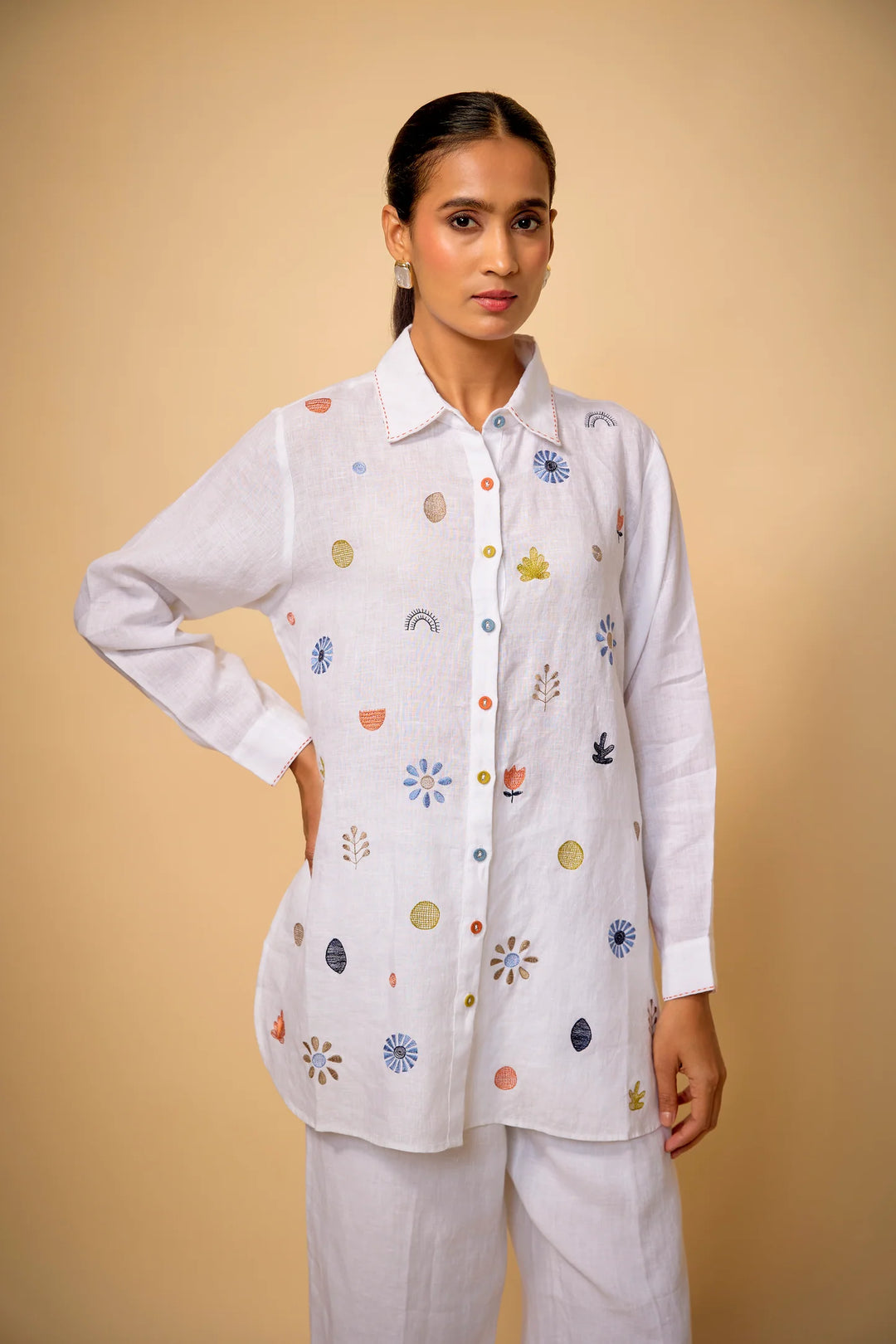 White Floral Embroidered Shirt