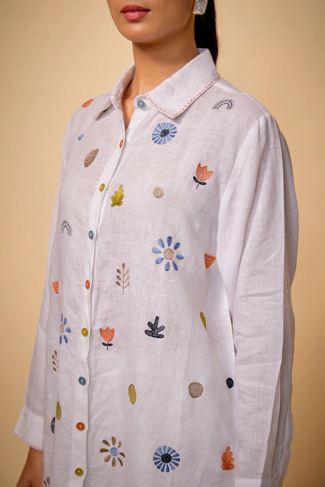 White Floral Embroidered Shirt