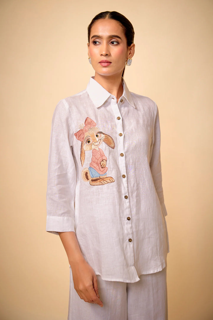 Pure Linen Cute Bunny Embroidered Shirt