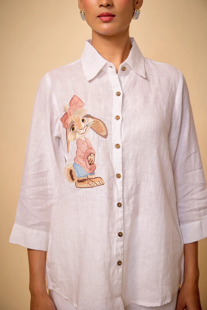 Pure Linen Cute Bunny Embroidered Shirt