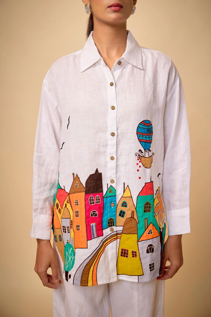Pure Linen White Ambleside Ebroidered Big Shirt