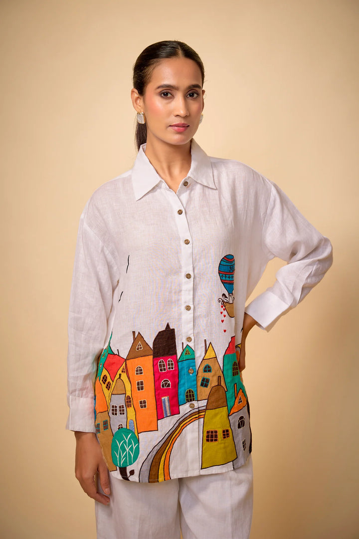 Pure Linen White Ambleside Ebroidered Big Shirt