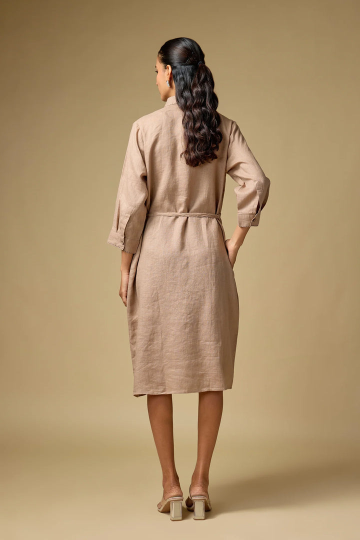 Pure Linen Khakhi Floral Embroidered Dress