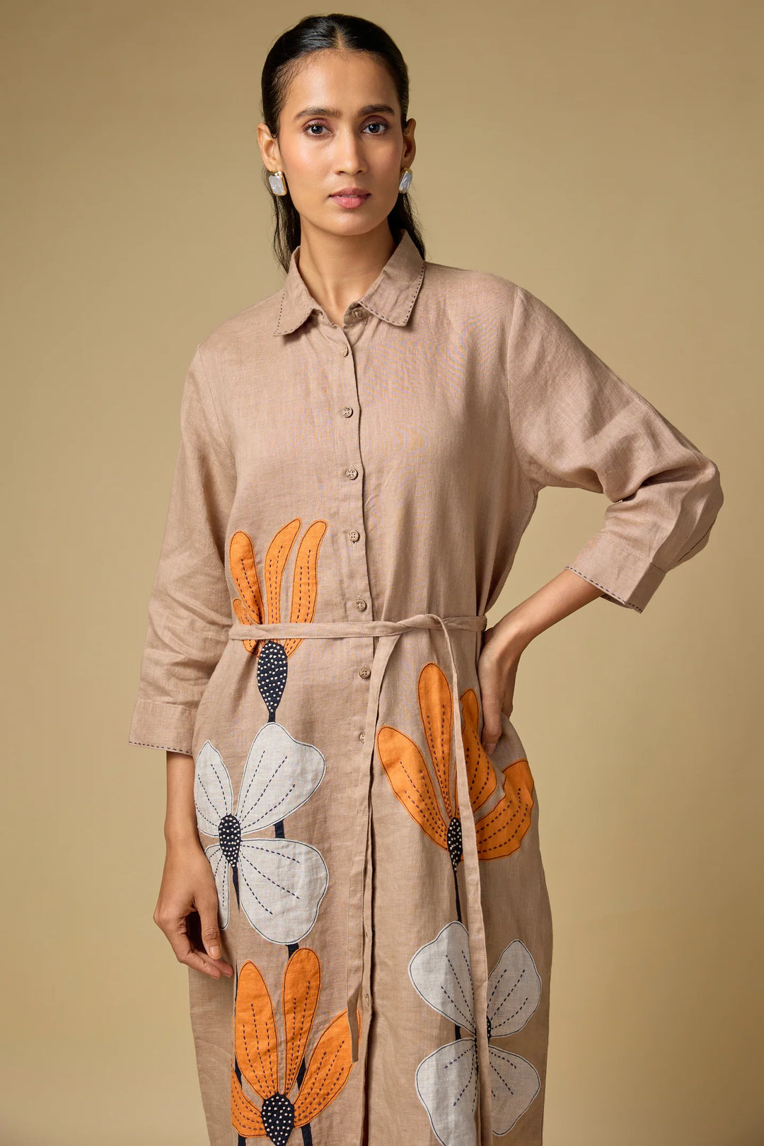Pure Linen Khakhi Floral Embroidered Dress