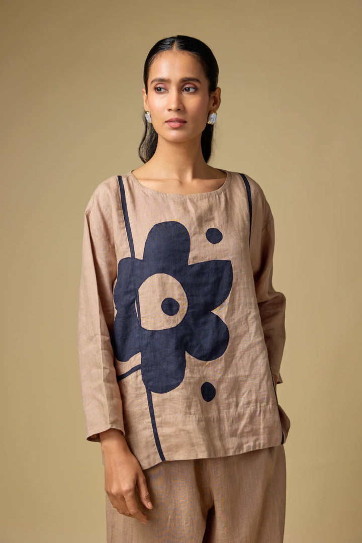 Pure Linen Khakhi Floral Co-ord Set