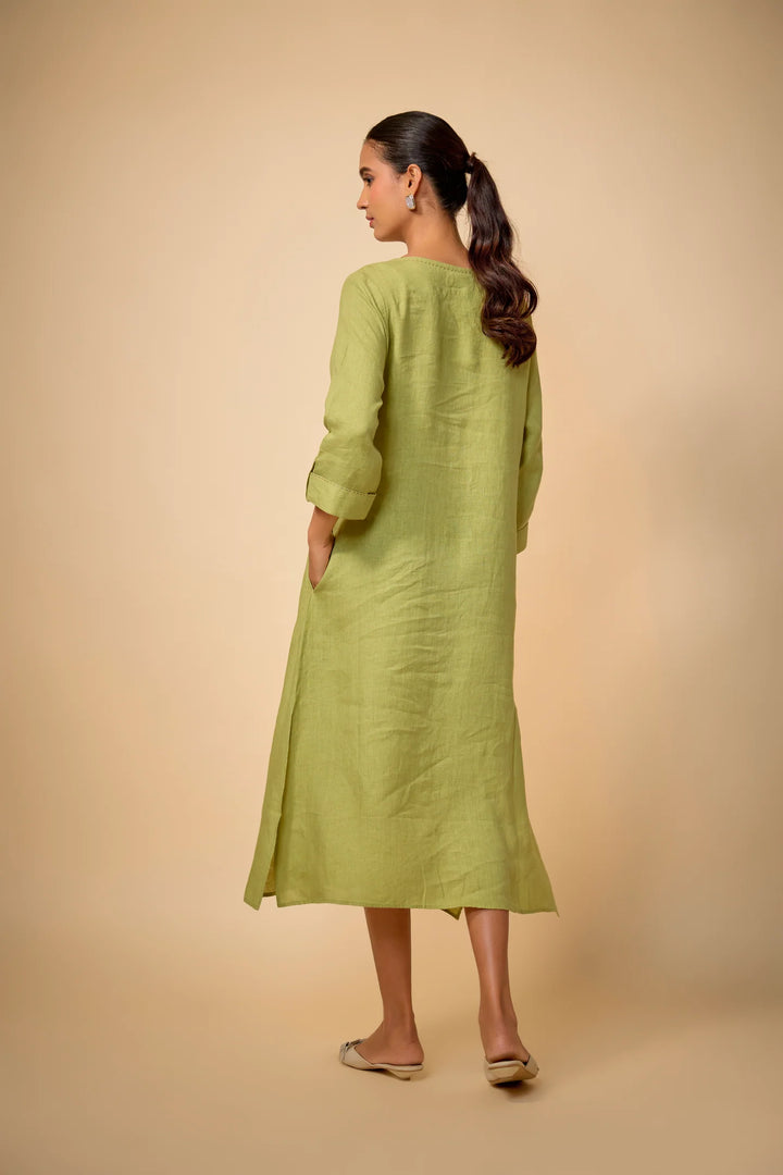 Pure Linen Pista Green Pink Floral Embroidered Dress