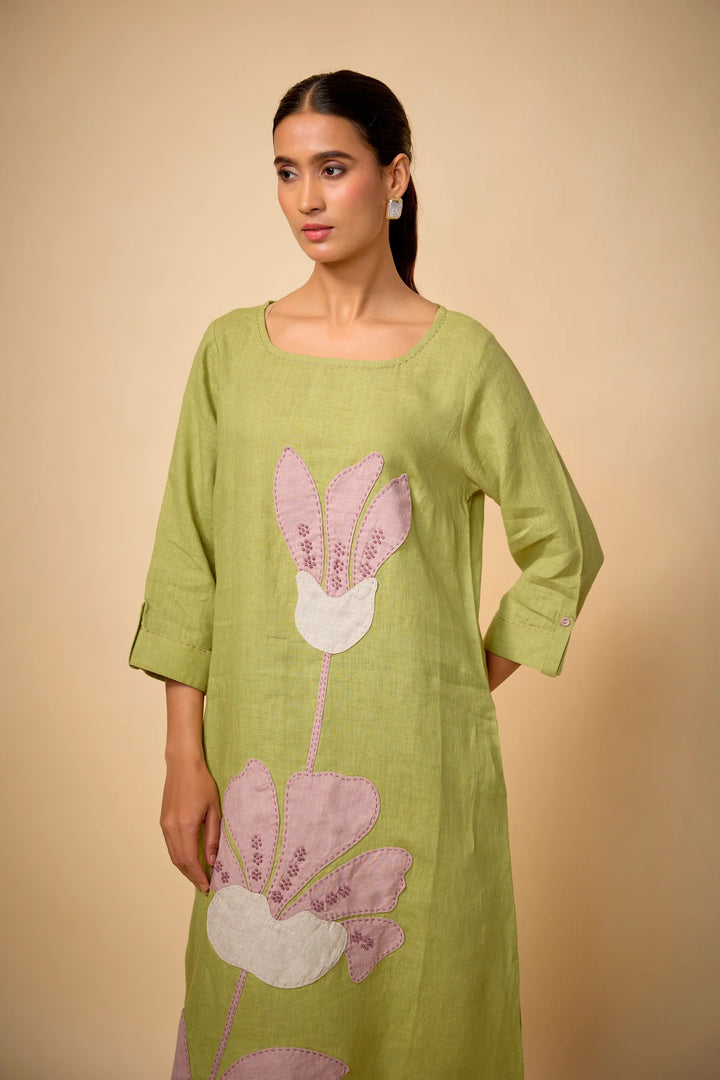 Pure Linen Pista Green Pink Floral Embroidered Dress