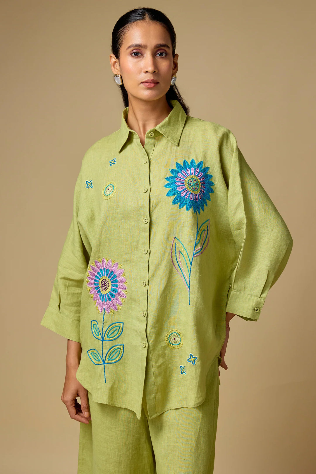Pure Linen Pista green Floral Co-ord Set