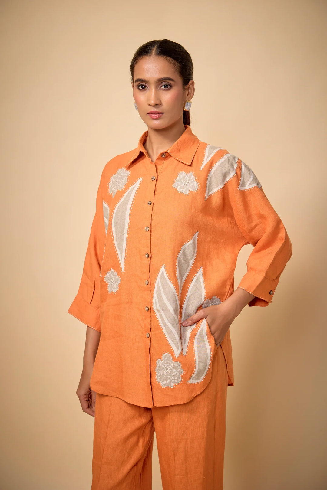 Pure Linen Orange Bigshirt Co-Ord Set