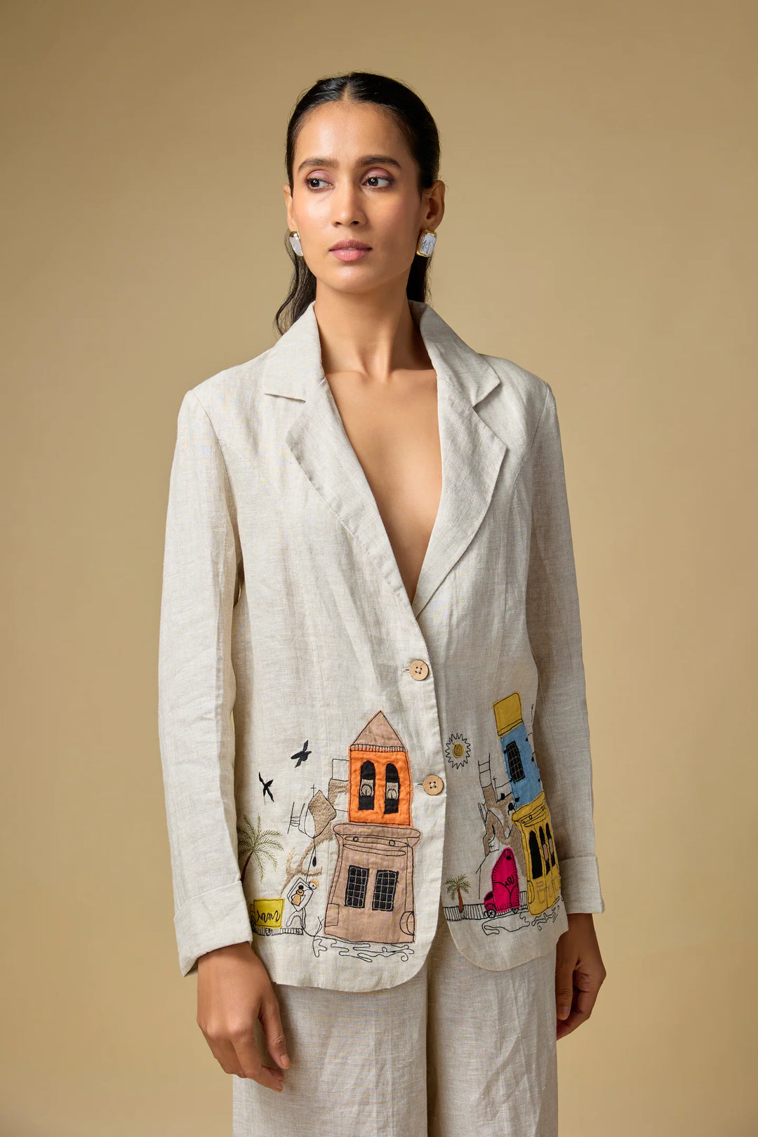 Pure linen Beige Doodle Embroidery Blazer