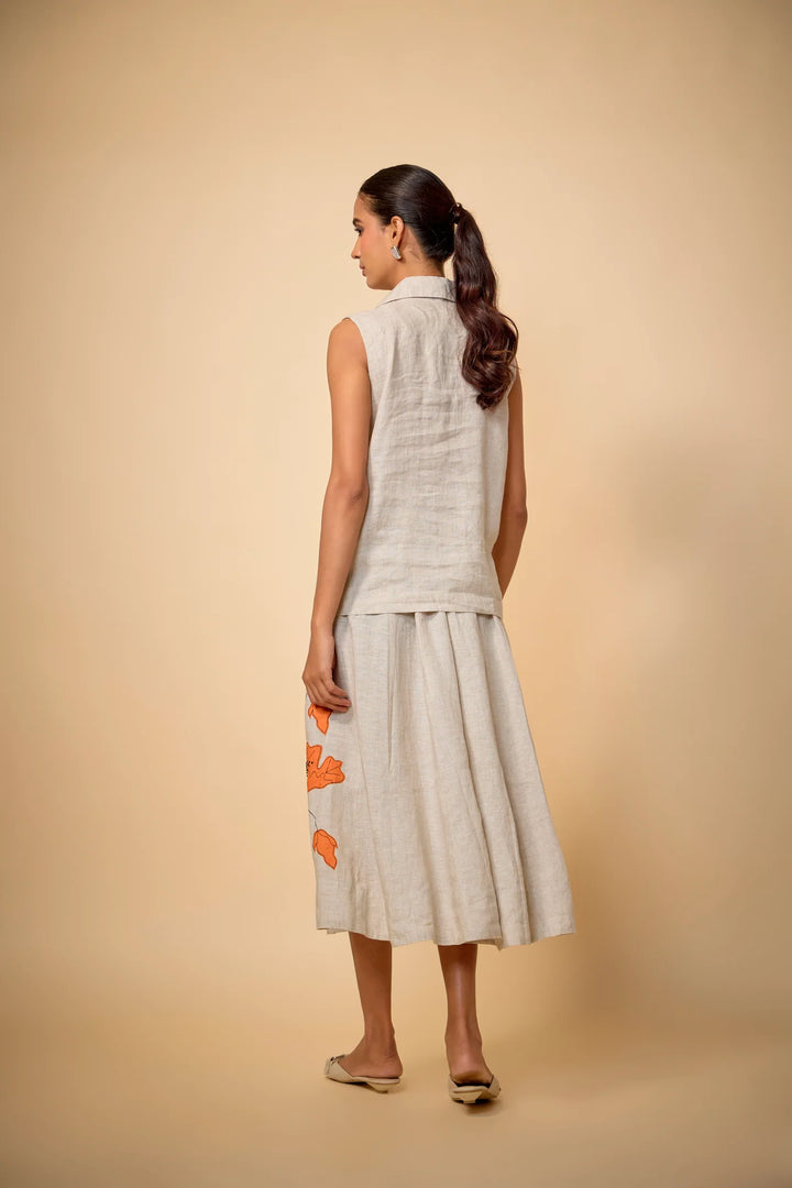 Pure Linen Beige Floral Skirt With Top