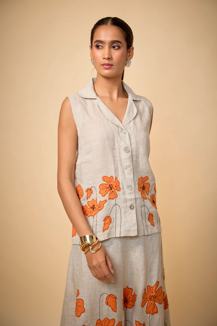 Pure Linen Beige Floral Skirt With Top
