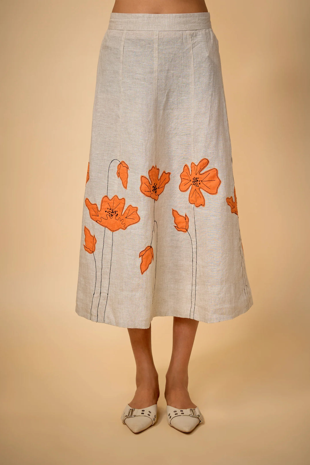 Pure Linen Beige Floral Skirt With Top