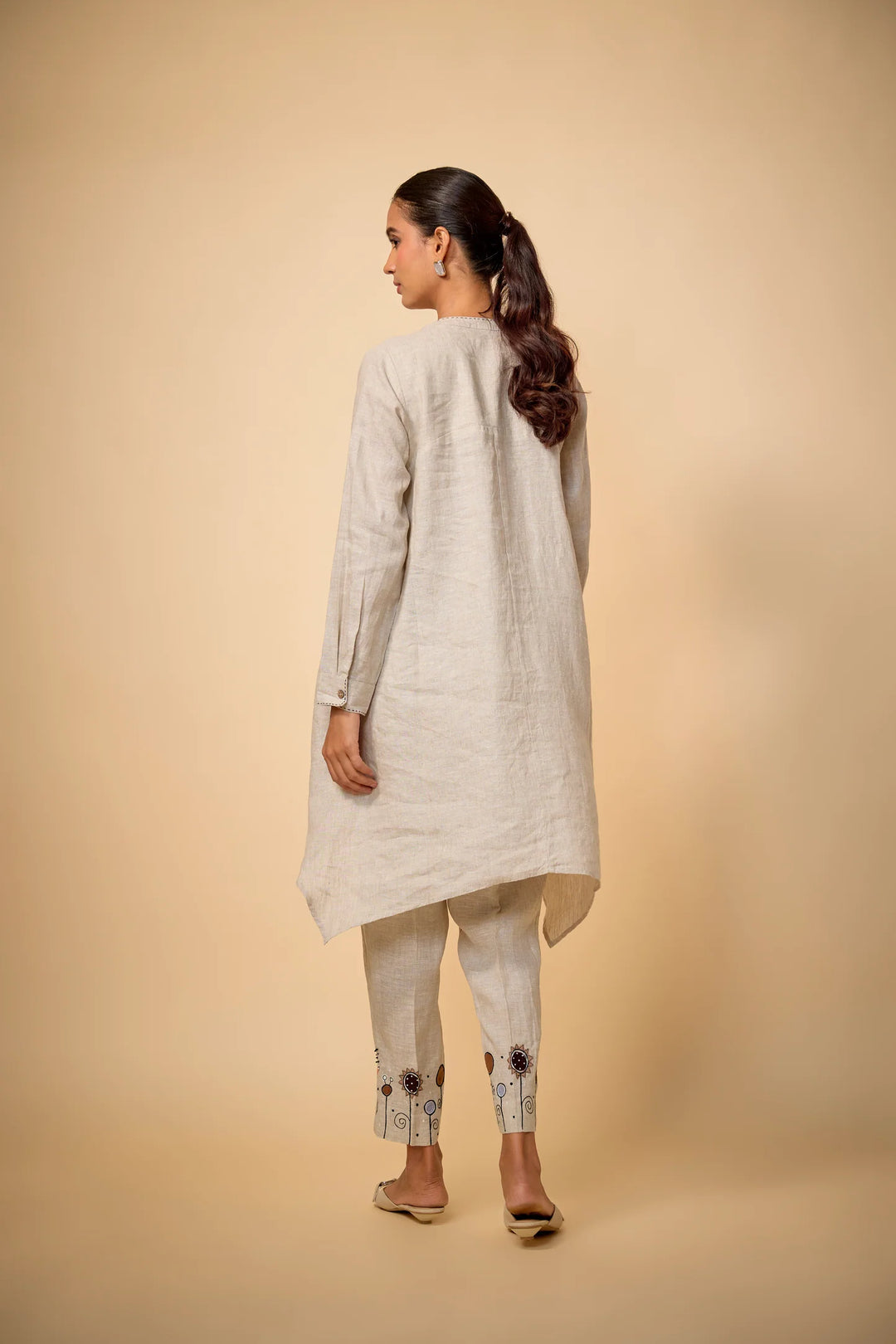 Pure Linen Beige Floral Highlow Embroidered Tunic Set