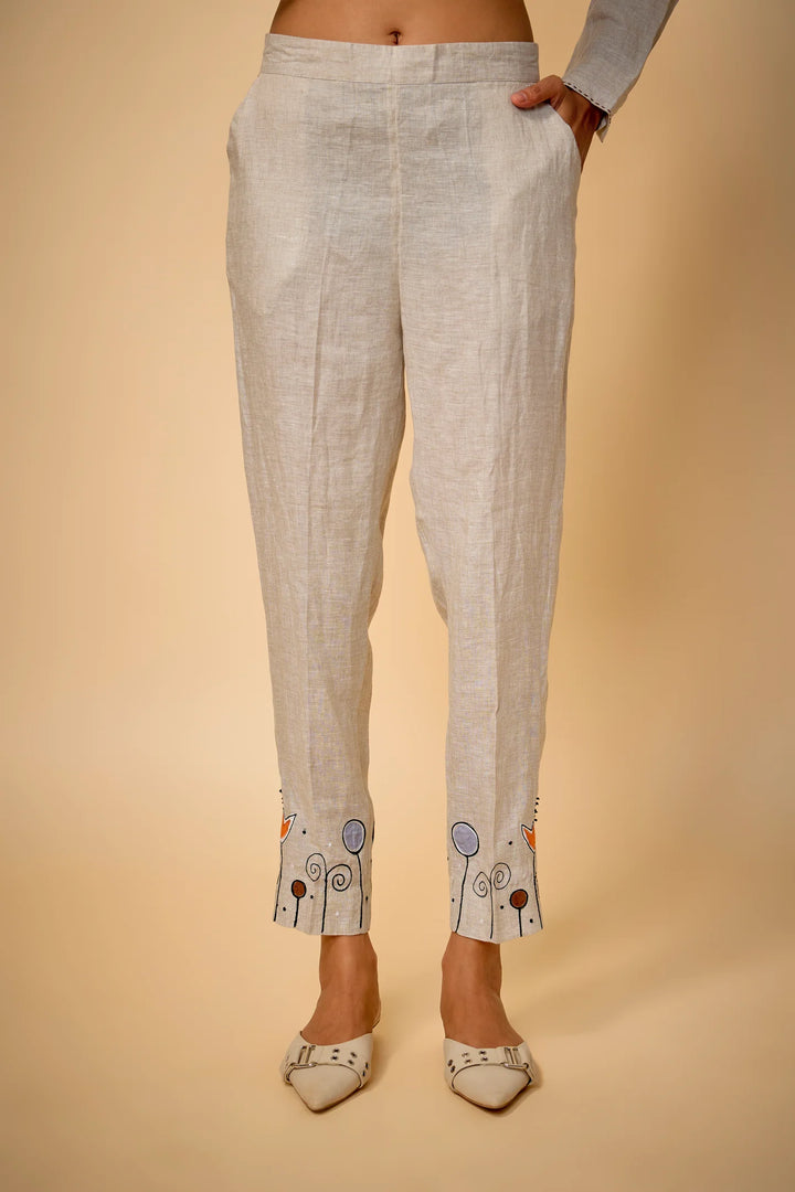 Pure Linen Beige Floral Highlow Embroidered Tunic Set